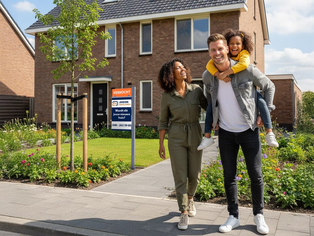 Gezin heeft huis gekocht en staat lachend voor hun nieuwe huis. Vader draagt dochter op rug, moeder loopt ernaast. Woonplezier na aankoop.