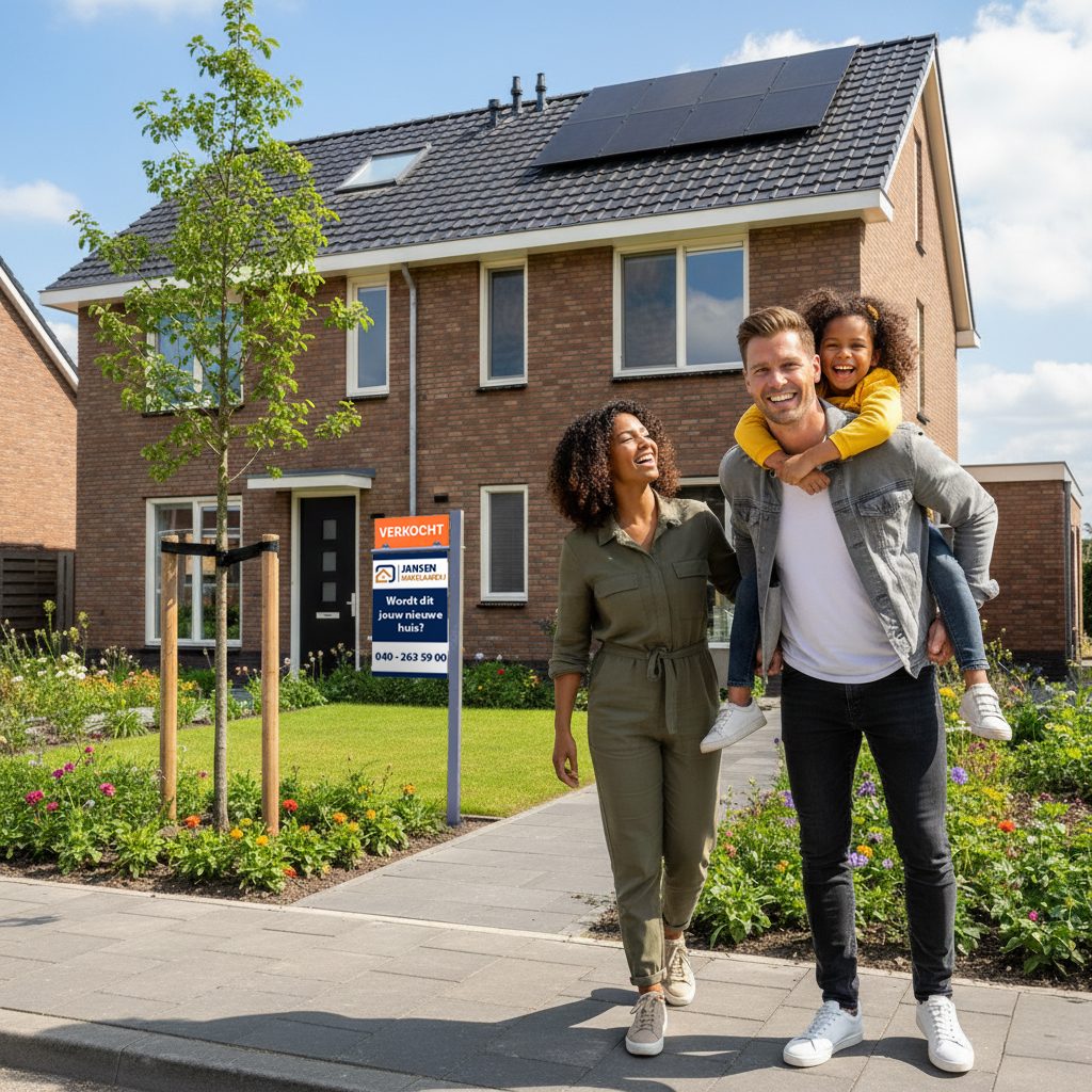 Gezin heeft huis gekocht en staat lachend voor hun nieuwe huis. Vader draagt dochter op rug, moeder loopt ernaast. Woonplezier na aankoop.
