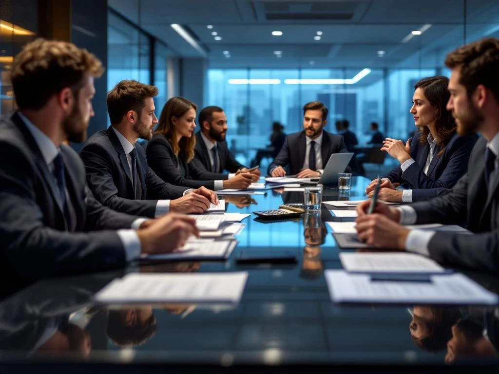 Zakelijke professionals bespreken financiële documenten rond conferentietafel in moderne bankomgeving