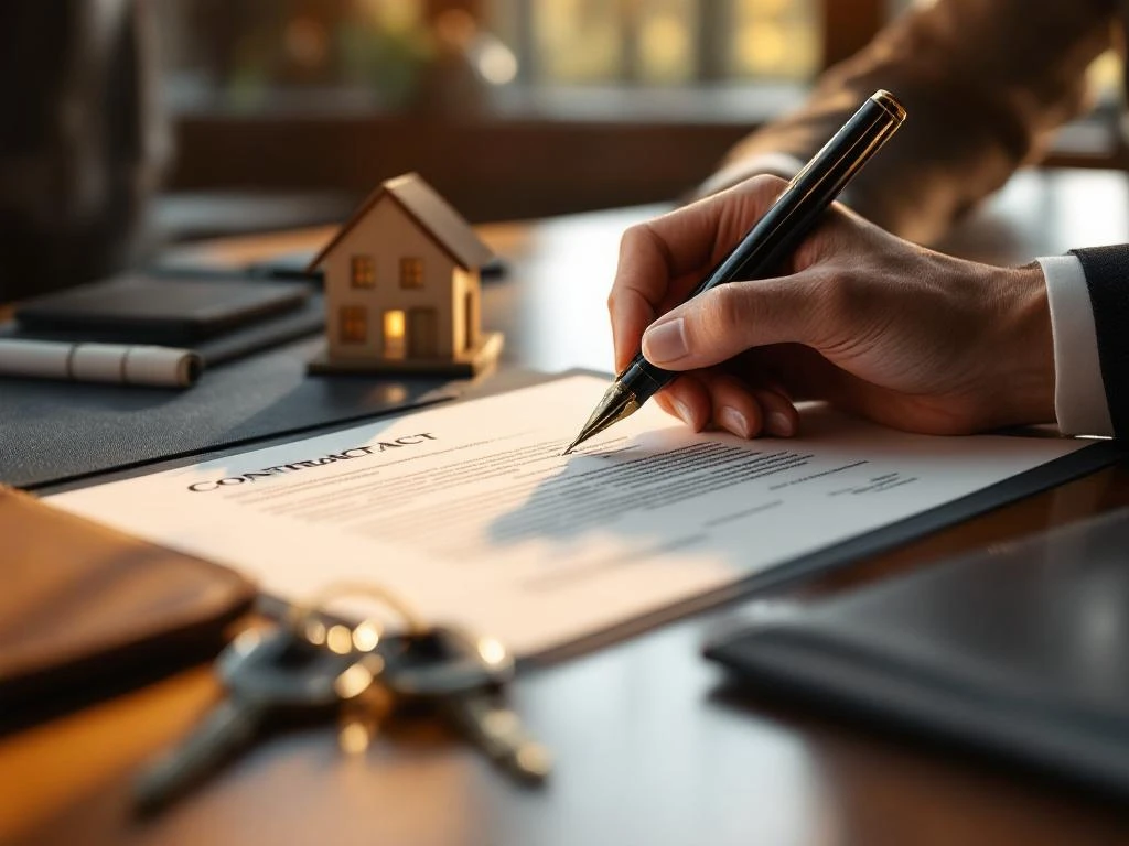Handen die een hypotheekcontract ondertekenen met vulpen op houten bureau, huissleutels en leren portfolio ernaast