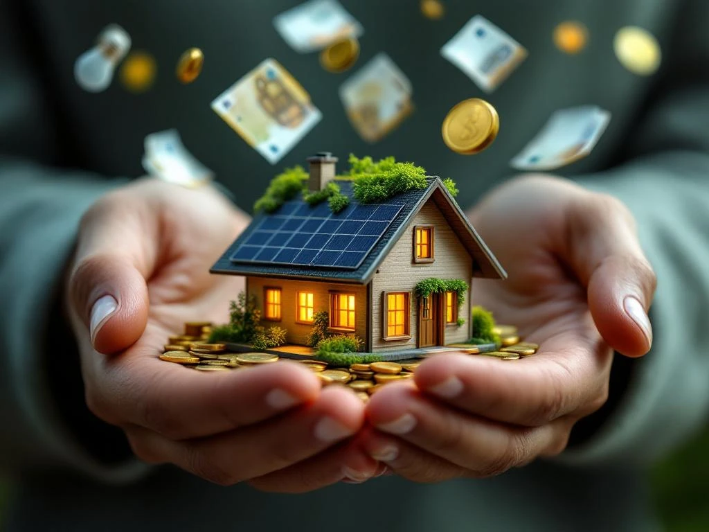 Handen houden duurzaam huismodel met zonnepanelen omringd door euro's en munten, investering in groene energie