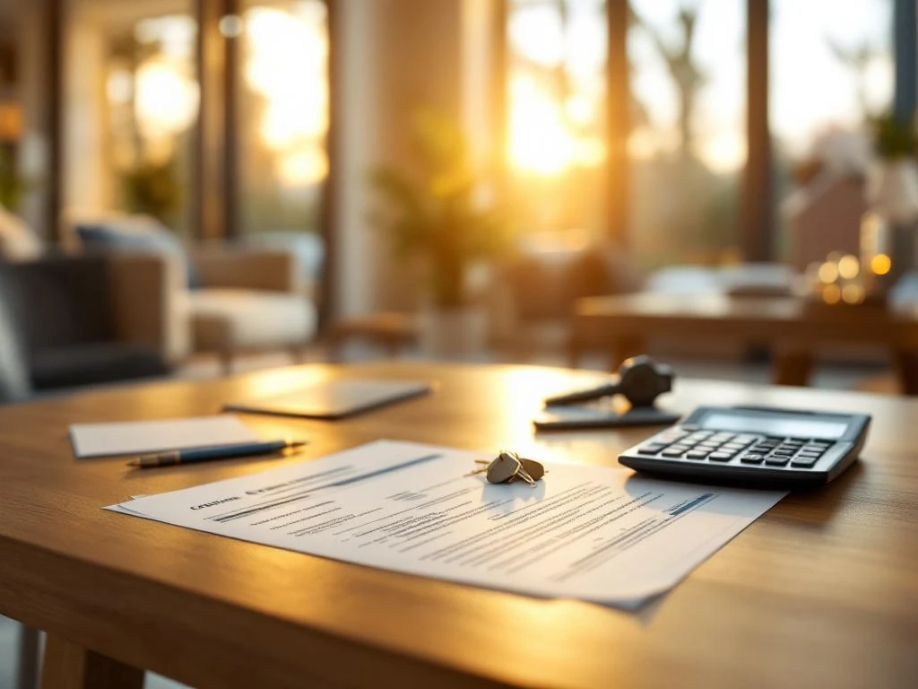 Moderne Nederlandse woning met belastingdocumenten, rekenmachine en huissleutels op houten tafel, warme verlichting