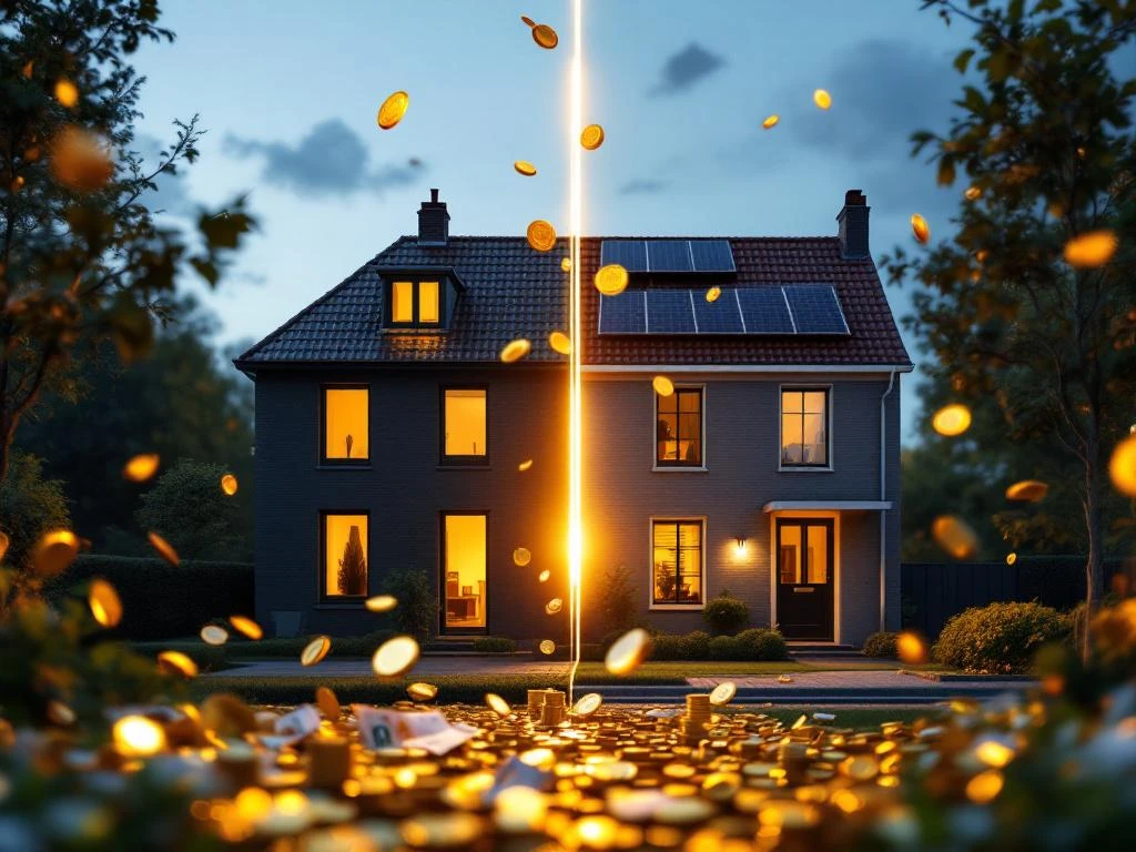 Twee moderne Nederlandse huizen zij aan zij, waarvan één energiezuinig met zonnepanelen en LED-verlichting geld aantrekt