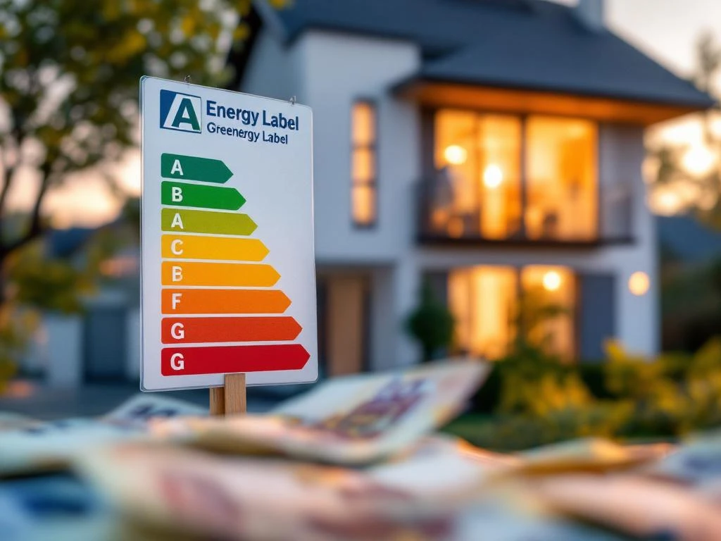 Modern huis met groene energie-efficiëntielabel A-certificaat op gevel, euro bankbiljetten op voorgrond