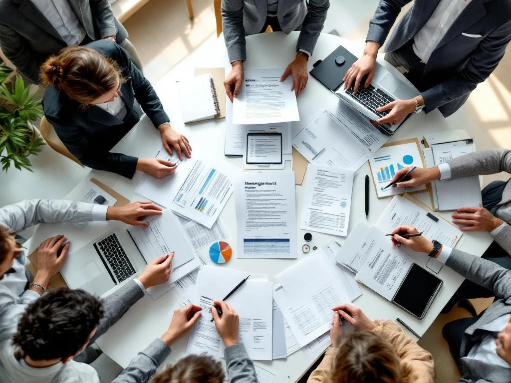 Financiële adviseurs werken samen aan bureau met hypotheekaanvragen en belastingformulieren in modern kantoor