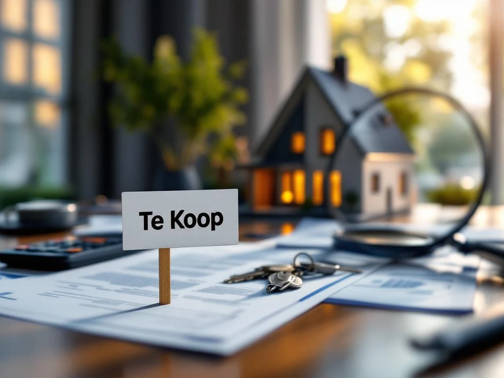 Modern Nederlands huis met "Te Koop" bord op bureau met hypotheekdocumenten, rekenmachine en sleutels