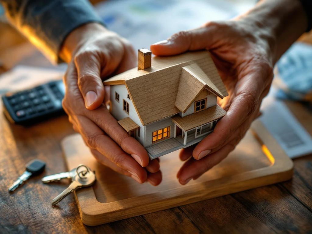 Twee handen komen samen boven een houten huismodel met hypotheekdocumenten en sleutels op de achtergrond