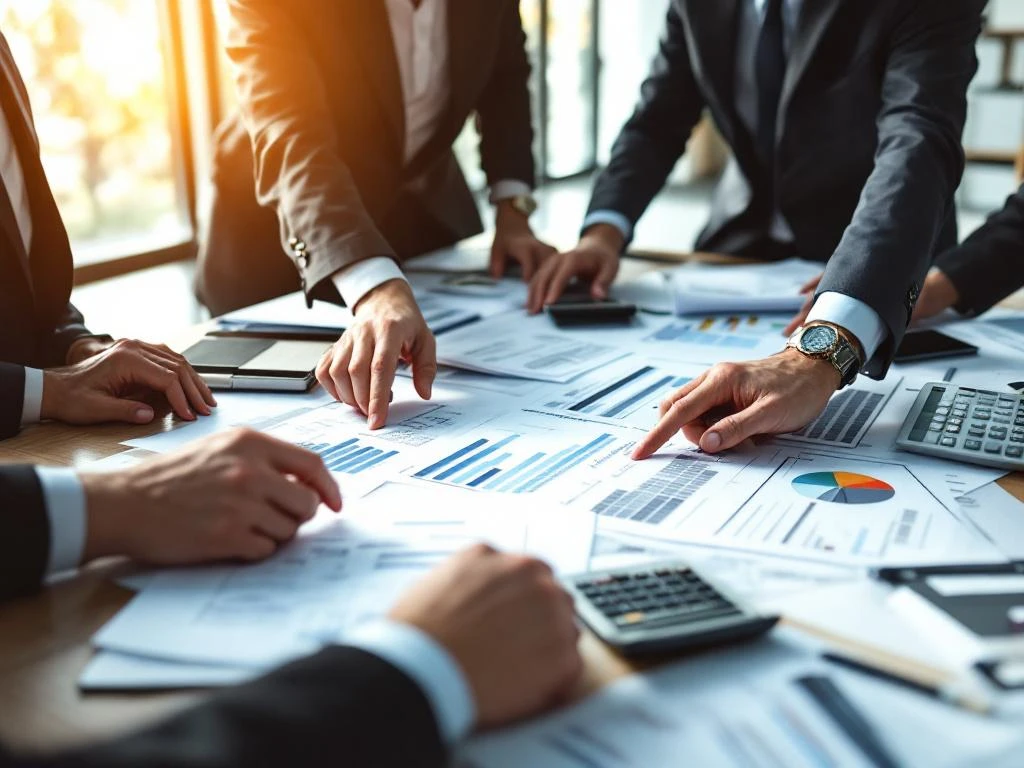 Professionals bespreken huiswaardering documenten en hypotheekpapieren rond moderne vergadertafel in kantoor