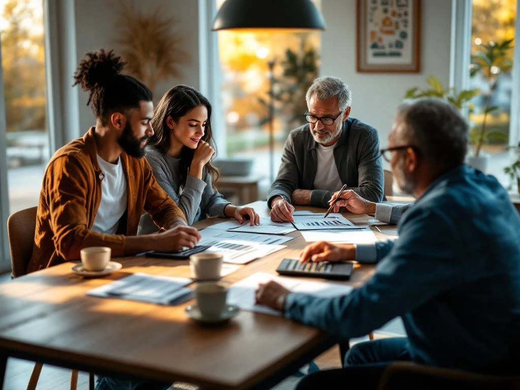 Diverse groep mensen bespreekt hypotheekdocumenten rond houten tafel met laptop en rekenmachines in natuurlijk licht