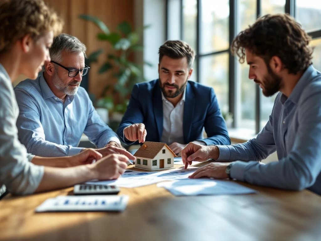 Mensen in zakelijke kleding bespreken hypotheek rond houten vergadertafel met documenten en huismodel in modern kantoor