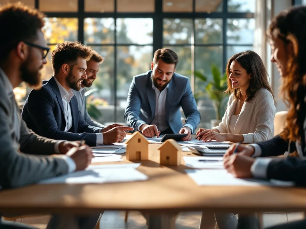 Zakelijke professionals bespreken hypotheekdocumenten rond houten vergadertafel in modern kantoor