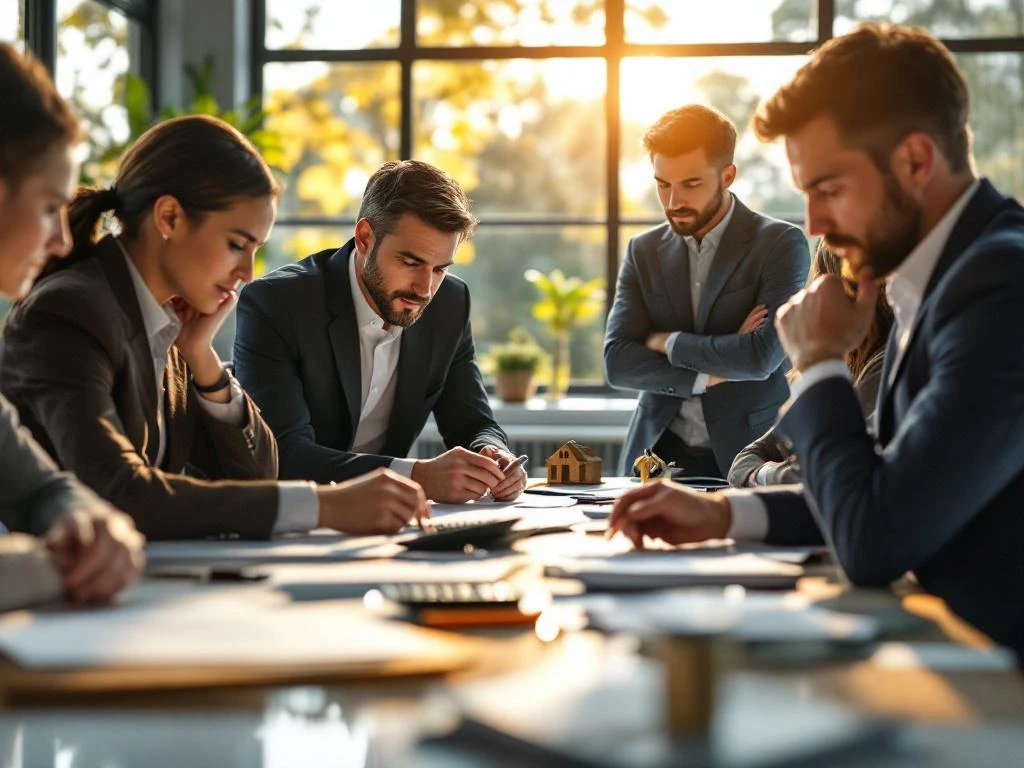Zakenmensen bespreken hypotheekdocumenten rond conferentietafel in professioneel kantoor met huissleutels