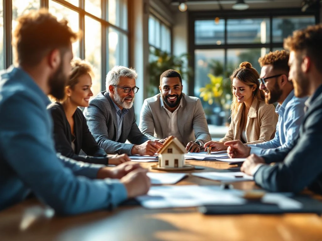 Diverse groep mensen in hypotheekadviesgesprek rond moderne vergadertafel met documenten en huissleutels