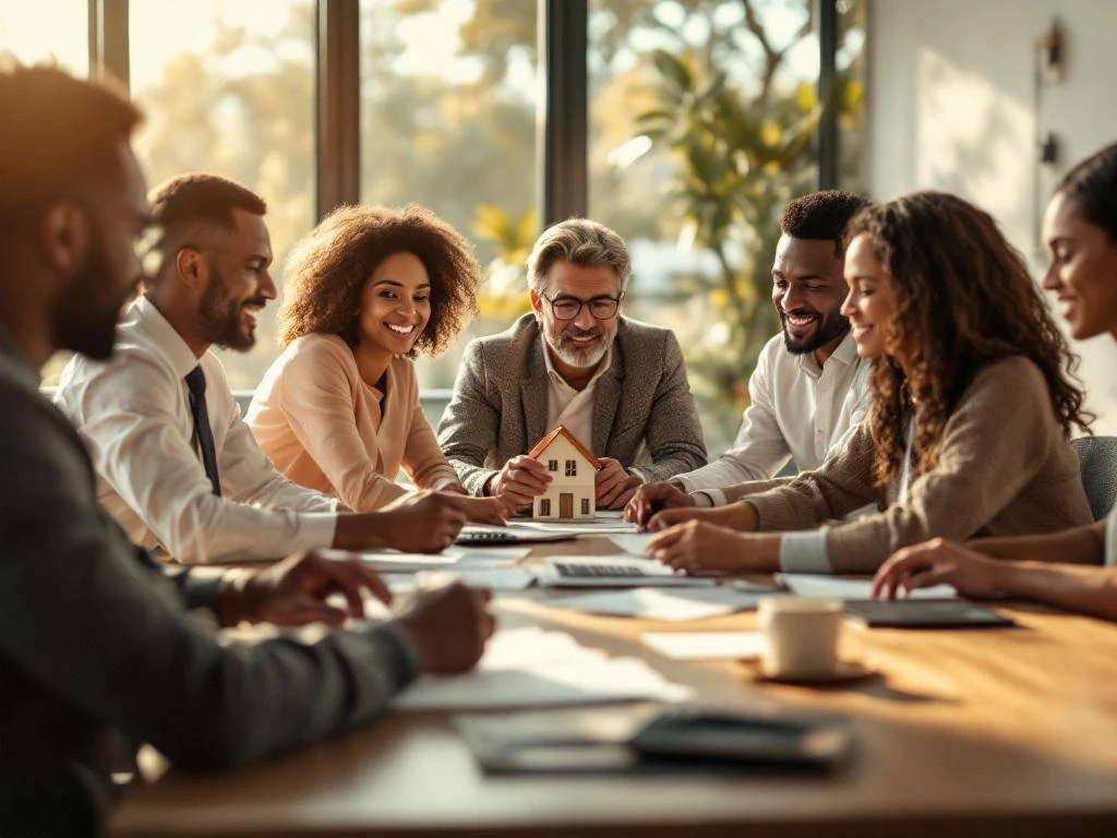Diverse groep mensen in hypotheekadviesgesprek rond houten vergadertafel met documenten en huismodel in kantoor