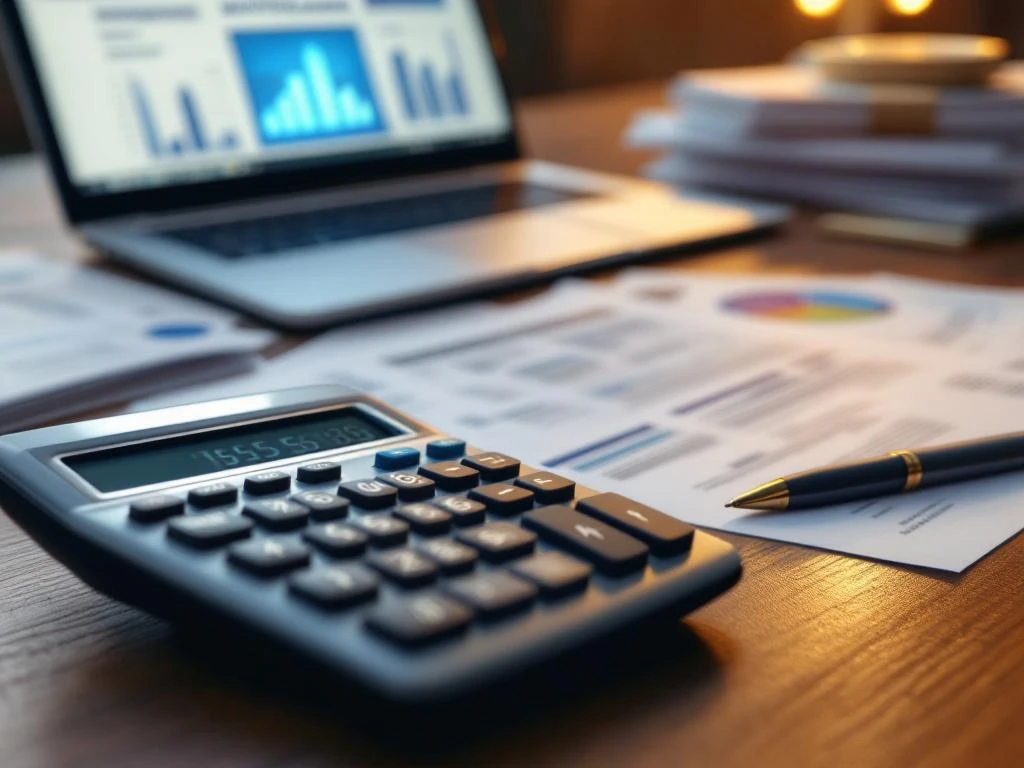 Rekenmachine met financiële cijfers op houten bureau omringd door belastingdocumenten en bankafschriften