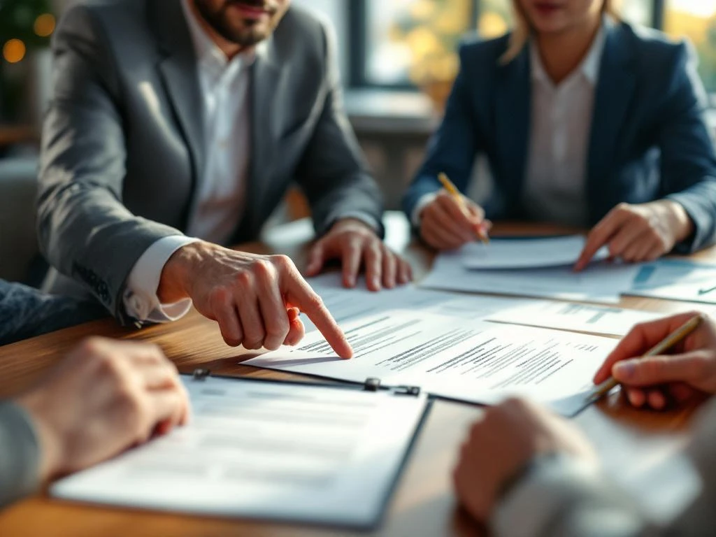 Financieel adviseur bespreekt hypotheekdocumenten met jong stel aan houten tafel in modern kantoor