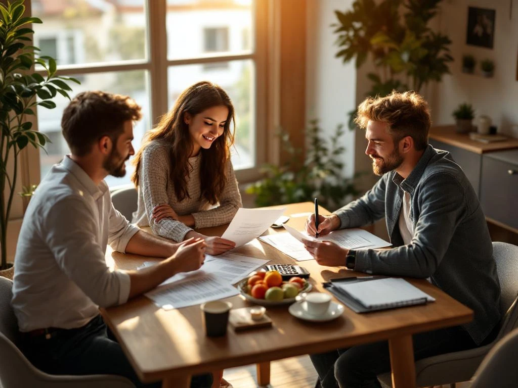 Familie en financieel adviseur bespreken hypotheekdocumenten aan moderne eettafel in natuurlijk licht