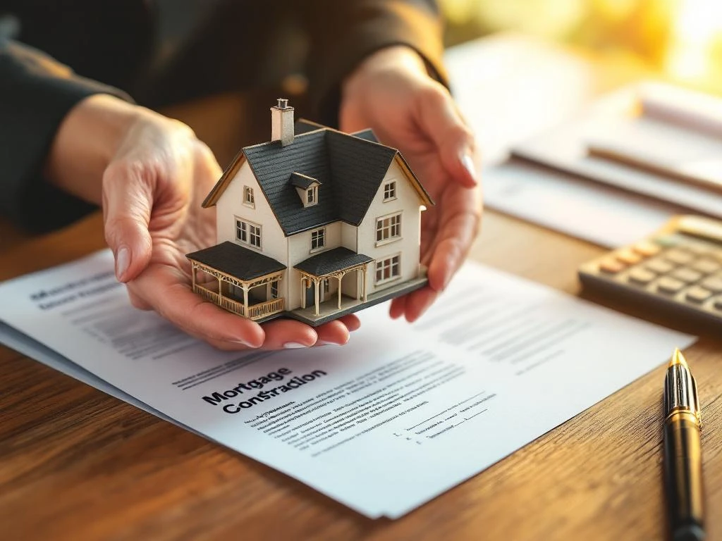 Handen houden miniatuurhuis boven hypotheekdocumenten op bureau met rekenmachine en pen