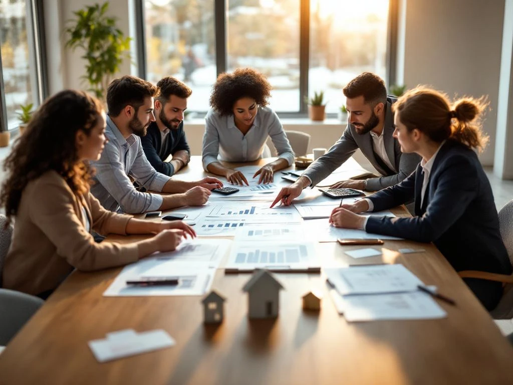 Financieel adviseur bespreekt hypotheekdocumenten met cliënten rond conferentietafel in modern kantoor