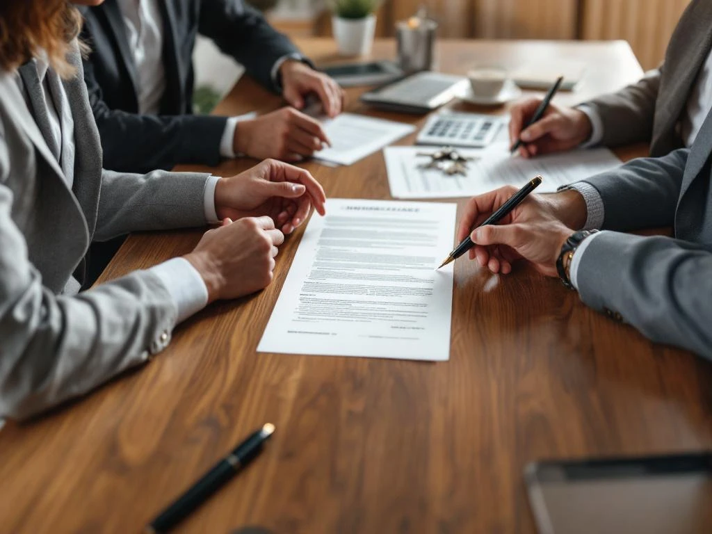 Hypotheekadviseur bespreekt documenten met klanten rond houten vergadertafel met huissleutels en papierwerk
