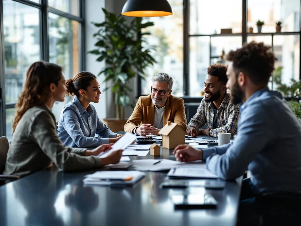 Diverse zakelijke professionals bespreken hypotheekdocumenten rond conferentietafel in modern kantoor