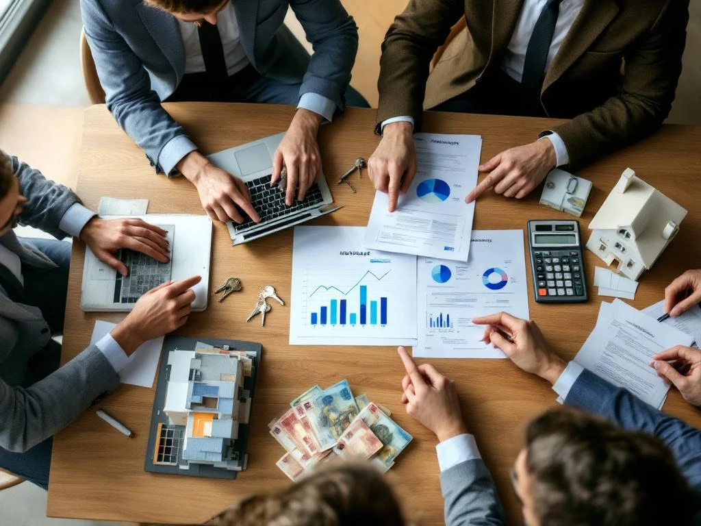 Groep professionals bespreekt hypotheekdocumenten rond houten tafel met huissleutels, geld en laptopgrafieken