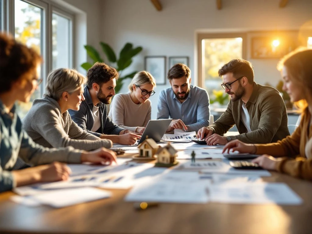 Groep volwassenen bespreekt hypotheekdocumenten aan moderne eettafel met laptops, rekenmachines en financiële papieren