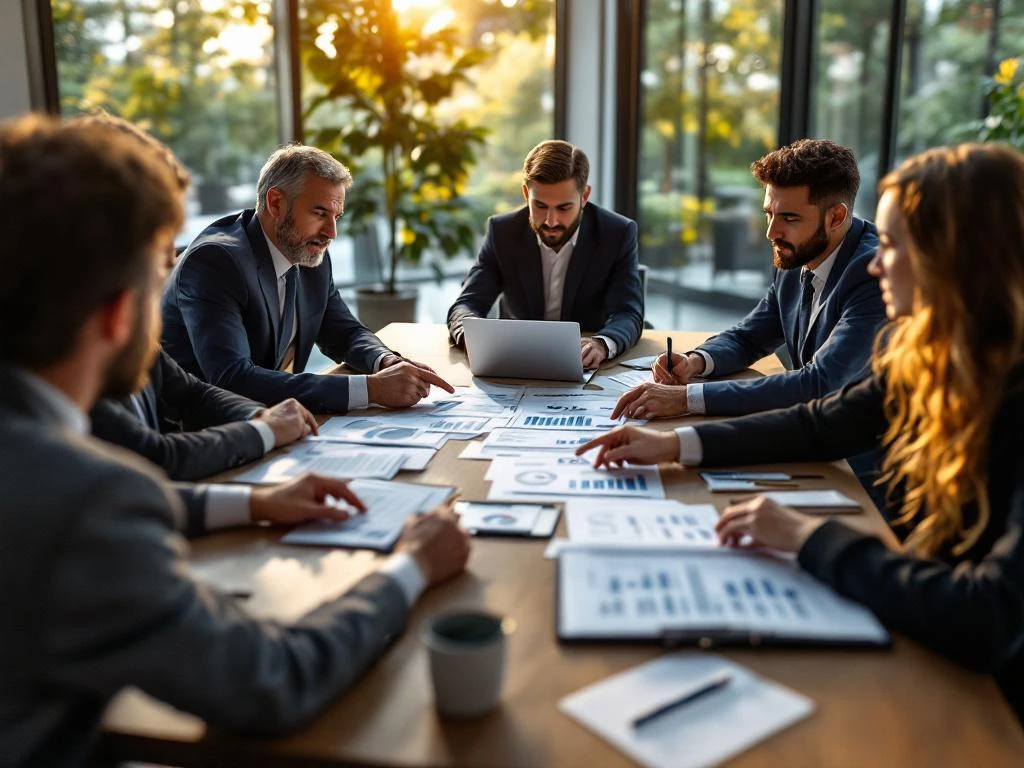 Hypotheekadviseurs bespreken financiële documenten met klanten rond moderne vergadertafel in professioneel kantoor