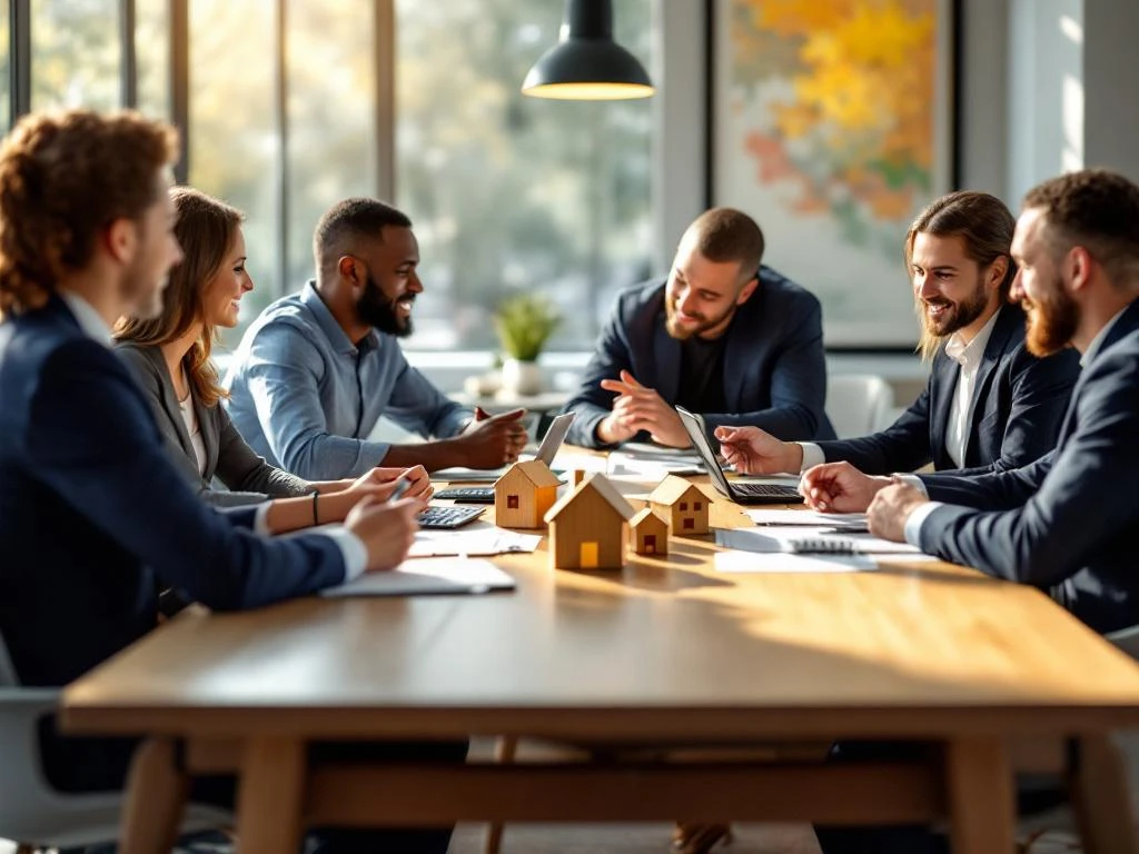 Hypotheekadviseurs en klanten rond tafel met documenten en huisblokjes in licht kantoor tijdens consultatiegesprek