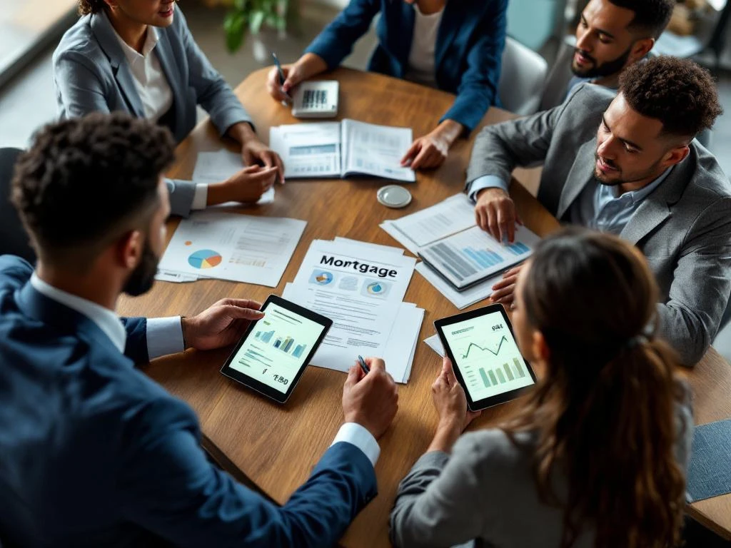 Diverse professionals discussing mortgage options around conference table with financial documents and calculators