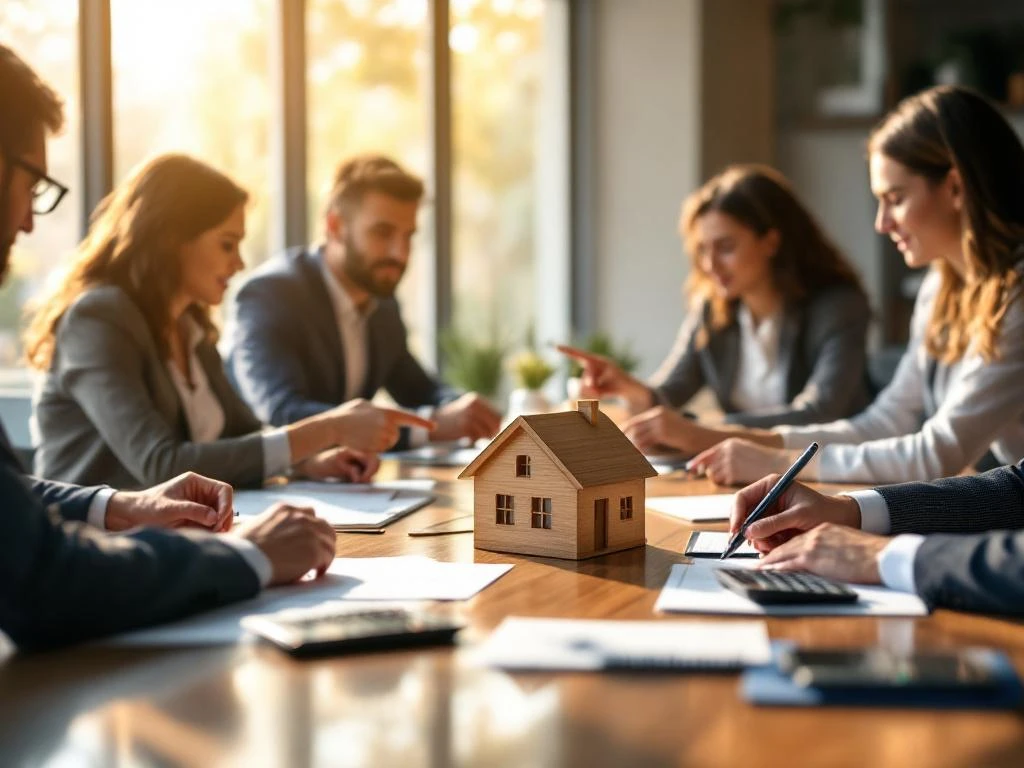 Hypotheekadviseurs en klanten bespreken documenten rond conferentietafel met huismodellen en rekenmachines