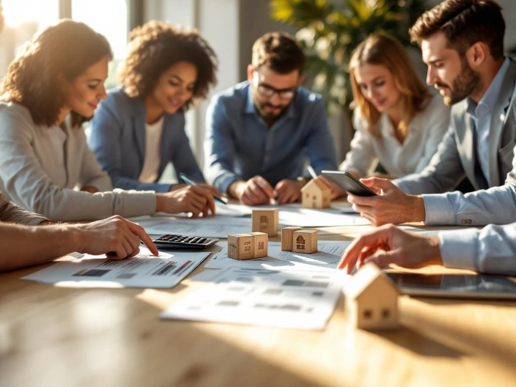 Professionals bespreken hypotheekdocumenten rond houten vergadertafel met huismodellen en calculators in modern kantoor