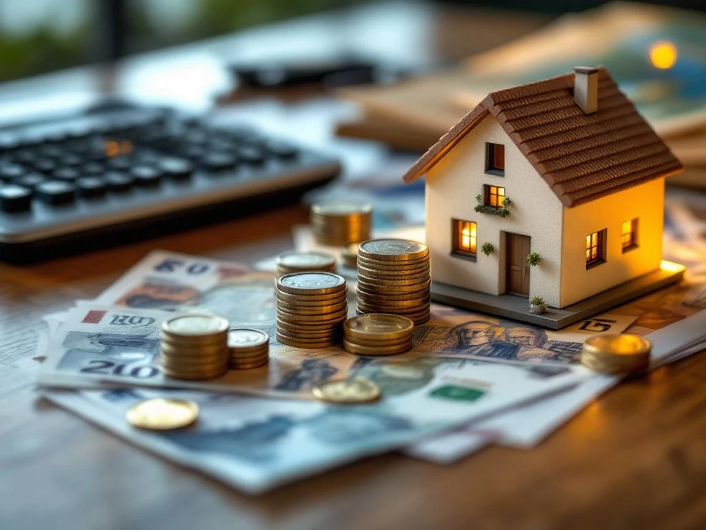 Miniatuur huis model met Nederlandse bankbiljetten, munten en calculator op houten bureau voor hypotheek concept