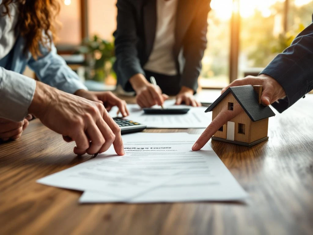 Mensen bespreken hypotheekdocumenten rond houten eettafel met huissleutel en rekenmachine in moderne woning