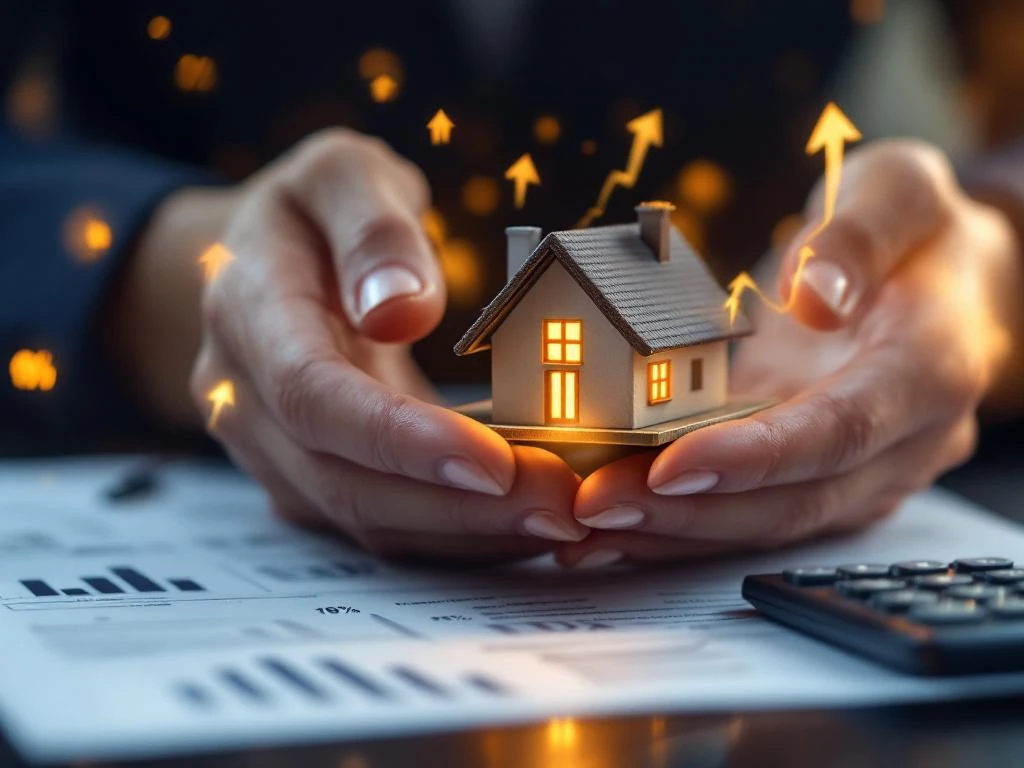 Handen houden miniatuurhuis boven hypotheekdocumenten en rekenmachine met Nederlandse belastingformulieren