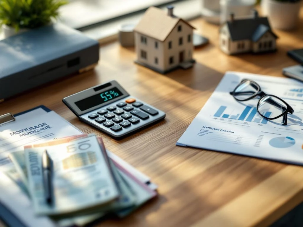 Rekenmachine met hypotheekberekeningen, eurobiljetten, huismodel en documenten op houten bureau met leesb