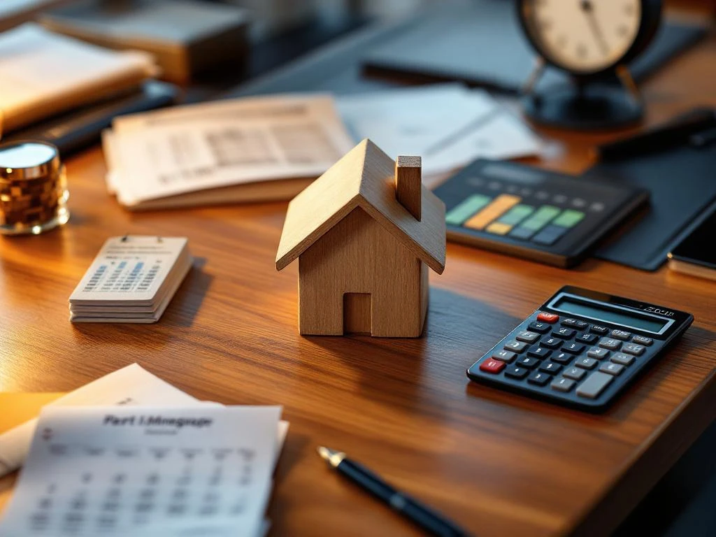 Houten huisvormig blok op bureau omringd door hypotheekdocumenten, rekenmachine en werkschema voor financiële planning