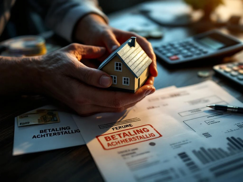 Bezorgde handen houden miniatuurhuis vast bij hypotheekdocumenten en rekenmachine op bureau met achterstallige betalingen