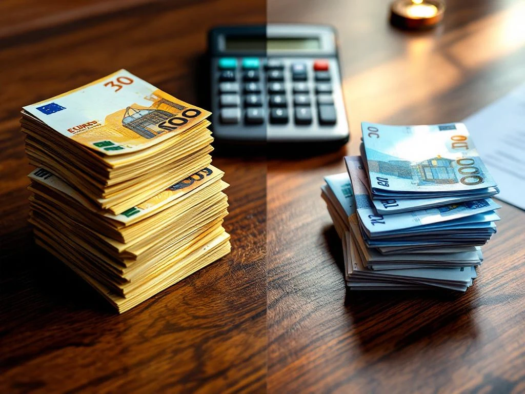 Vergelijking bruto versus netto hypotheekkosten met eurobiljetten, rekenmachine en hypotheekdocumenten op bureau