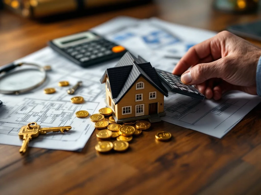 Handen met rekenmachine naast blauwdrukken, huissleutels en hypotheekdocumenten op houten bureau voor financiële planning