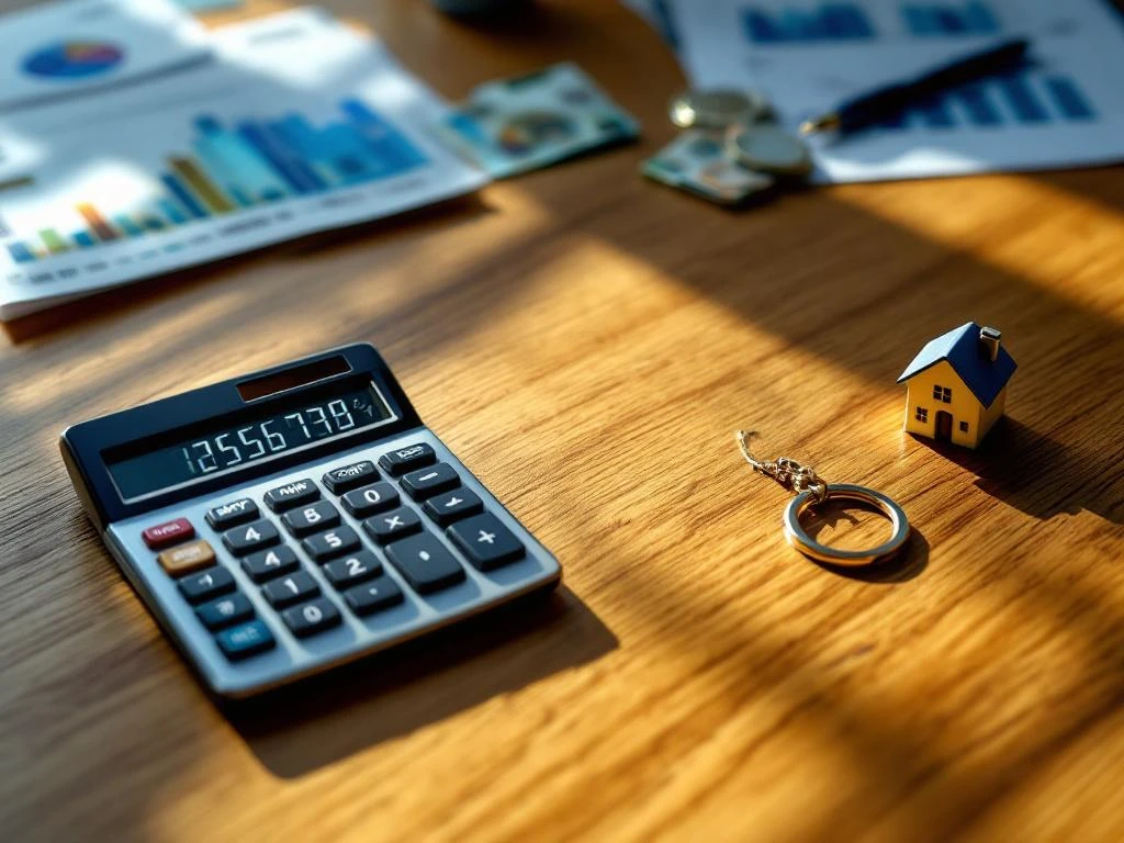 Calculator met hypotheekbedragen op houten bureau met eurobiljetten, huissleutelhanger en hypotheekdocumenten