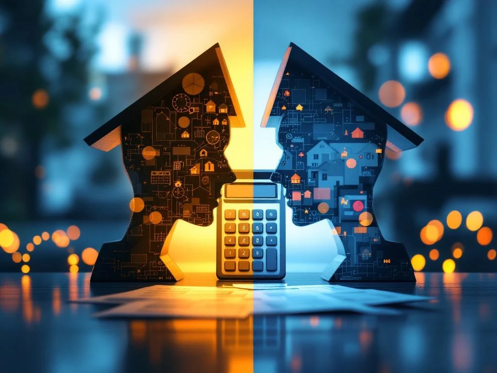 Hypotheekcalculator en documenten tussen twee huissilhouetten, jong persoon in goud licht, ouder persoon in blauw licht