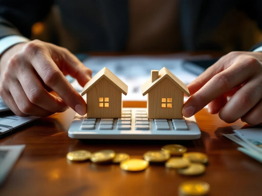 Twee handen plaatsen houten huisblokken op calculator met euromunten en bankbiljetten op bureau voor hypotheekberekening