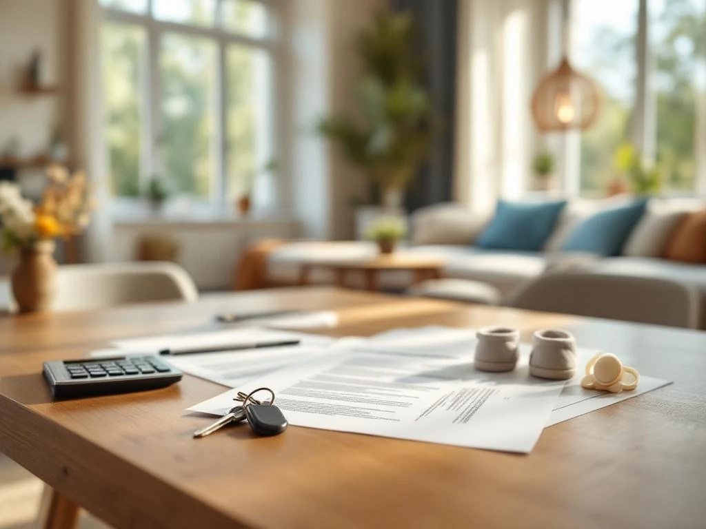 Hypotheekdocumenten en huissleutels op houten tafel met babyschoentjes in moderne woonkamer met natuurlijk licht