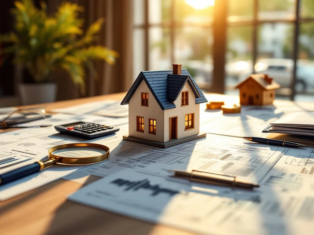 Miniatuur huismodel op houten bureau met hypotheekdocumenten, blauwdrukken en calculator in gouden zonlicht