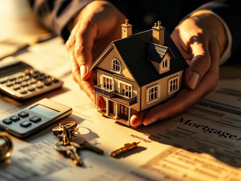 Handen houden architectuurmodel boven hypotheekdocumenten met rekenmachine en sleutels in warm goudkleurig licht