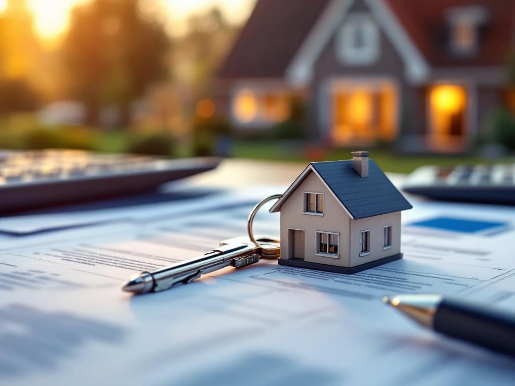 Huissleutel op hypotheekdocumenten met calculator en pen, woonhuis op achtergrond, gouden uurtje verlichting