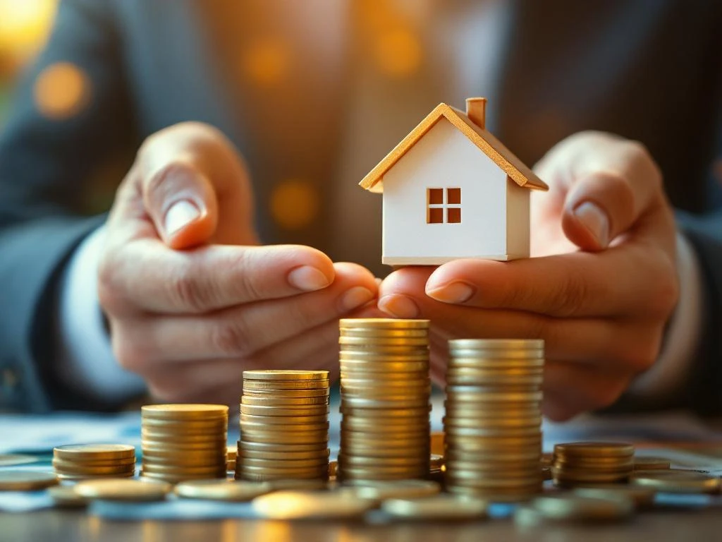 Handen houden miniatuurhuis boven stapels euromunten en bankbiljetten, symbool voor hypotheek en financiële groei
