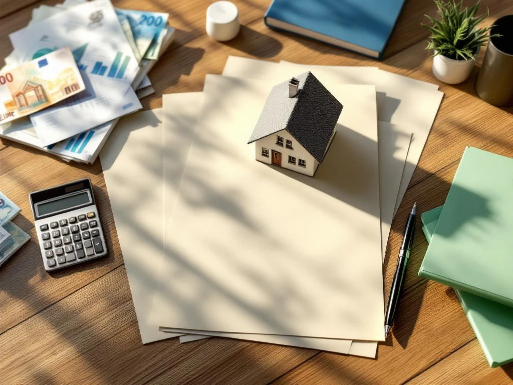 Houten bureau met huismodel, financiële documenten, rekenmachine, eurobiljetten en pen voor hypotheekplanning