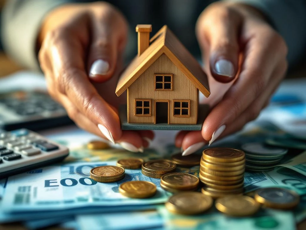 Handen houden miniatuur huis boven stapels eurobiljetten en munten met hypotheekdocumenten en rekenmachine op achtergrond